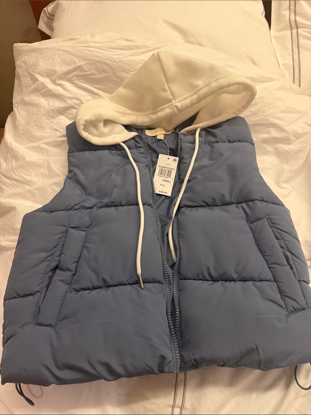 Madden Girl Light Blue Puffer Vest with White Hood
